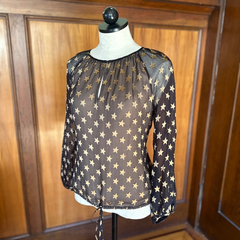 Flowy Black and Gold Star Print Blouse Top by Diane Von Furstenberg DVF, Silk